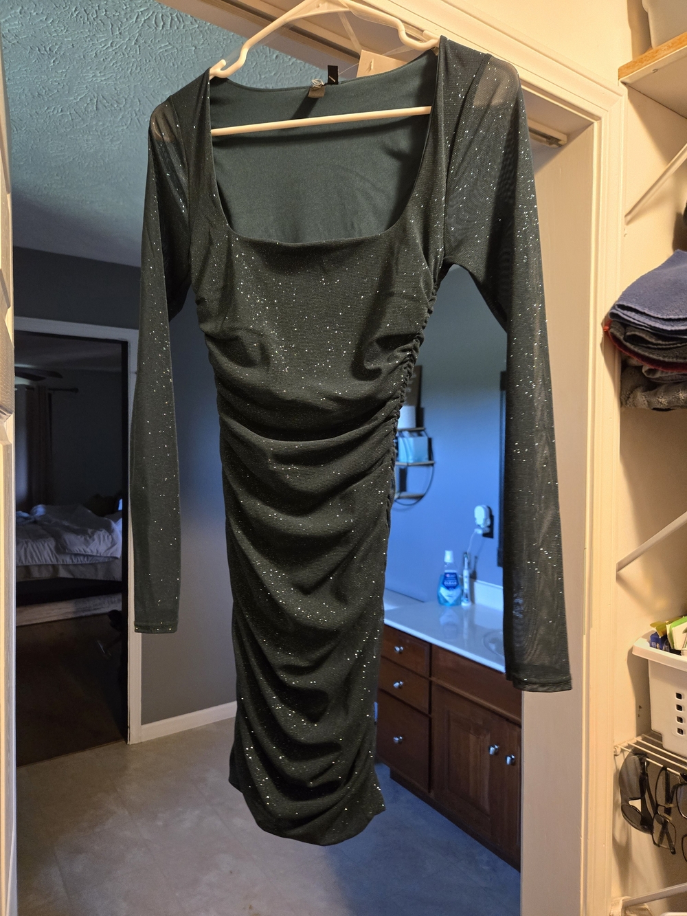 Wild Rose Dark Green Sparkle Ruched Long-Sleeve Bodycon Dress